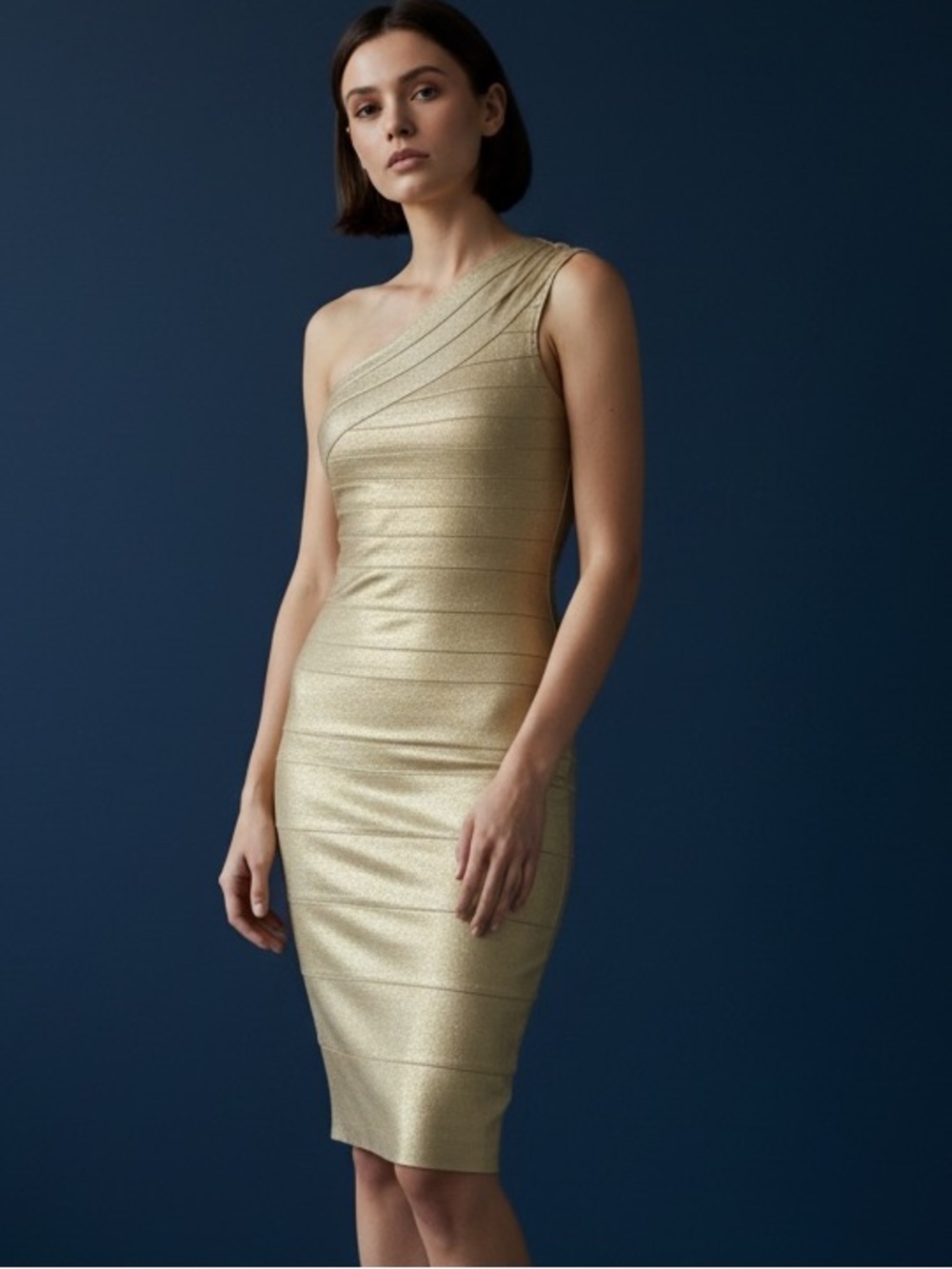 Express Gold one shoulder bodycon dress